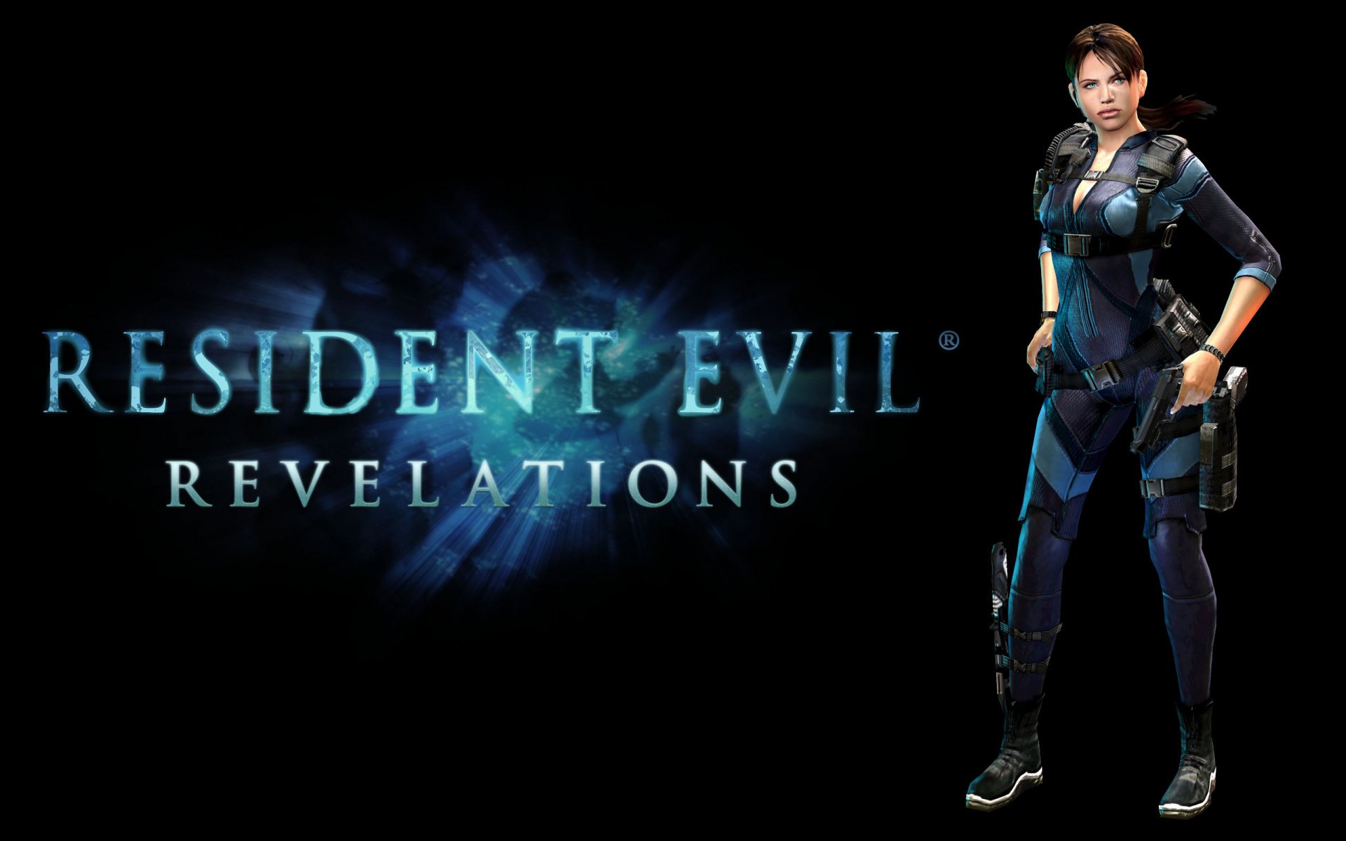 A dynamic HD wallpaper featuring a character from the video game Resident Evil: Revelations, set against a striking black background with the game's logo.