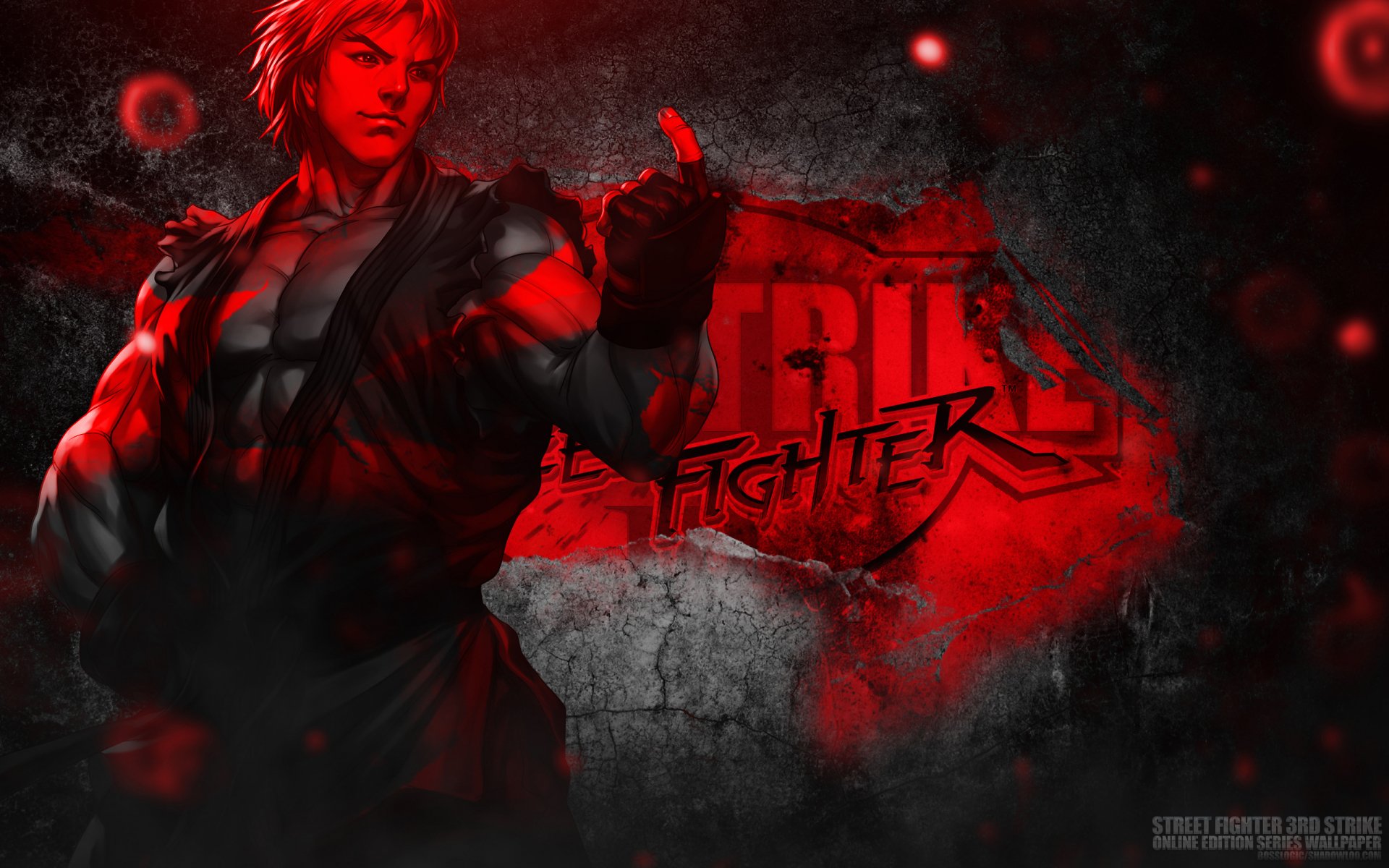 Street Fighter's Ken Masters in a red-and-black battle pose before a cracked concrete backdrop and logo — 2K Quad HD PC desktop wallpaper/background.