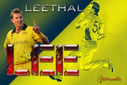 HD desktop wallpaper featuring a cricket player from Australia, with LEETHAL and LEE in bold text. The background is a dynamic blend of green and yellow, highlighting the player's action and energy.