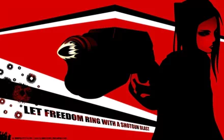 Ergo Proxy anime 2K Quad HD PC desktop wallpaper: high-contrast red, black and white art with a silhouetted figure, oversized shotgun motif and slogan Let Freedom Ring With A Shotgun Blast.