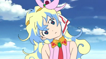 A vibrant 4K Ultra HD desktop wallpaper featuring a character from the anime Tengen Toppa Gurren Lagann, with flowing blonde hair and a playful expression against a bright sky.