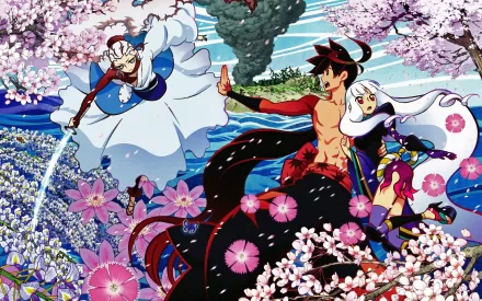 A vibrant HD wallpaper featuring Togame and Shichika Yasuri from the anime Katanagatari, set against a backdrop of cherry blossoms and a dramatic sky.