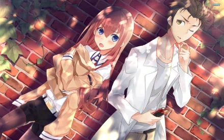 Rintaro Okabe and Kurisu Makise from the anime Steins;Gate stand in front of a brick wall, framed by soft lighting, creating an engaging HD desktop wallpaper.