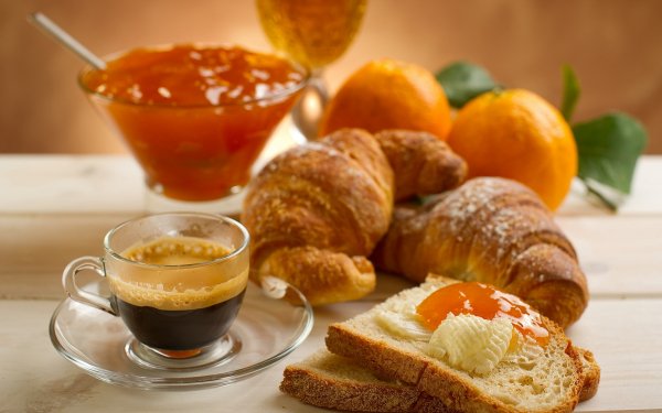 Nahrungsmittel Frühstuck Stillleben Marmelade Croissant Kaffee orange Brot Cup HD Wallpaper | Hintergrund
