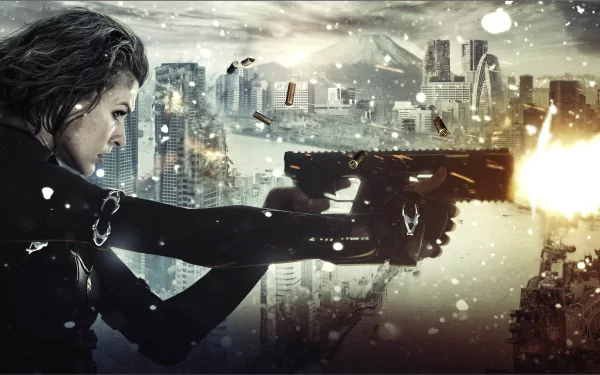 HD wallpaper featuring Milla Jovovich as her character in Resident Evil: Retribution, aiming a gun against a cityscape backdrop with dramatic lighting and snow-like particles in the air.