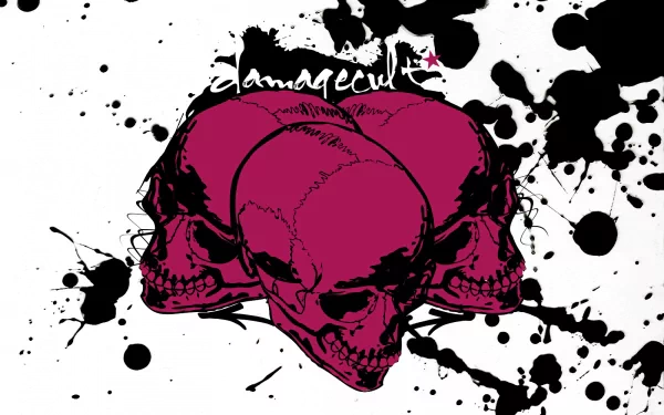 HD desktop wallpaper featuring three dark pink skulls with black ink splatters in the background, adding a gothic and edgy aesthetic.
