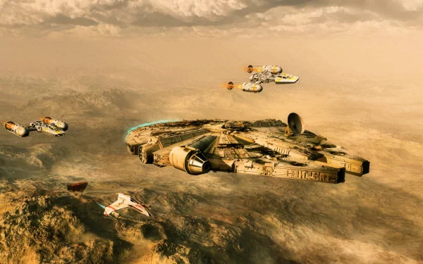 The HD desktop wallpaper features the Millennium Falcon from Star Wars, flying over a rugged desert landscape with several other spacecraft in the background, creating an epic sci-fi scene.