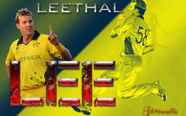 HD desktop wallpaper featuring a cricket player from Australia, with LEETHAL and LEE in bold text. The background is a dynamic blend of green and yellow, highlighting the player's action and energy.