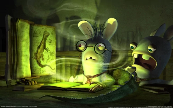 HD desktop wallpaper featuring characters from the video game Rayman Raving Rabbids. The scene shows one character reading a glowing book with a dinosaur illustration, while another character looks surprised.