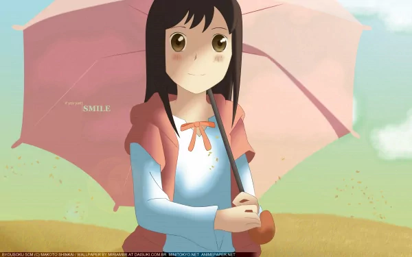 HD anime wallpaper featuring Akari Shinohara from 5 Centimeters per Second holding a pink umbrella against a soft, pastel sky background.