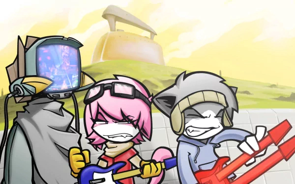 A vibrant HD wallpaper featuring characters from FLCL, including Haruko Haruhara, showcasing a dynamic scene with music and energy against a colorful backdrop.