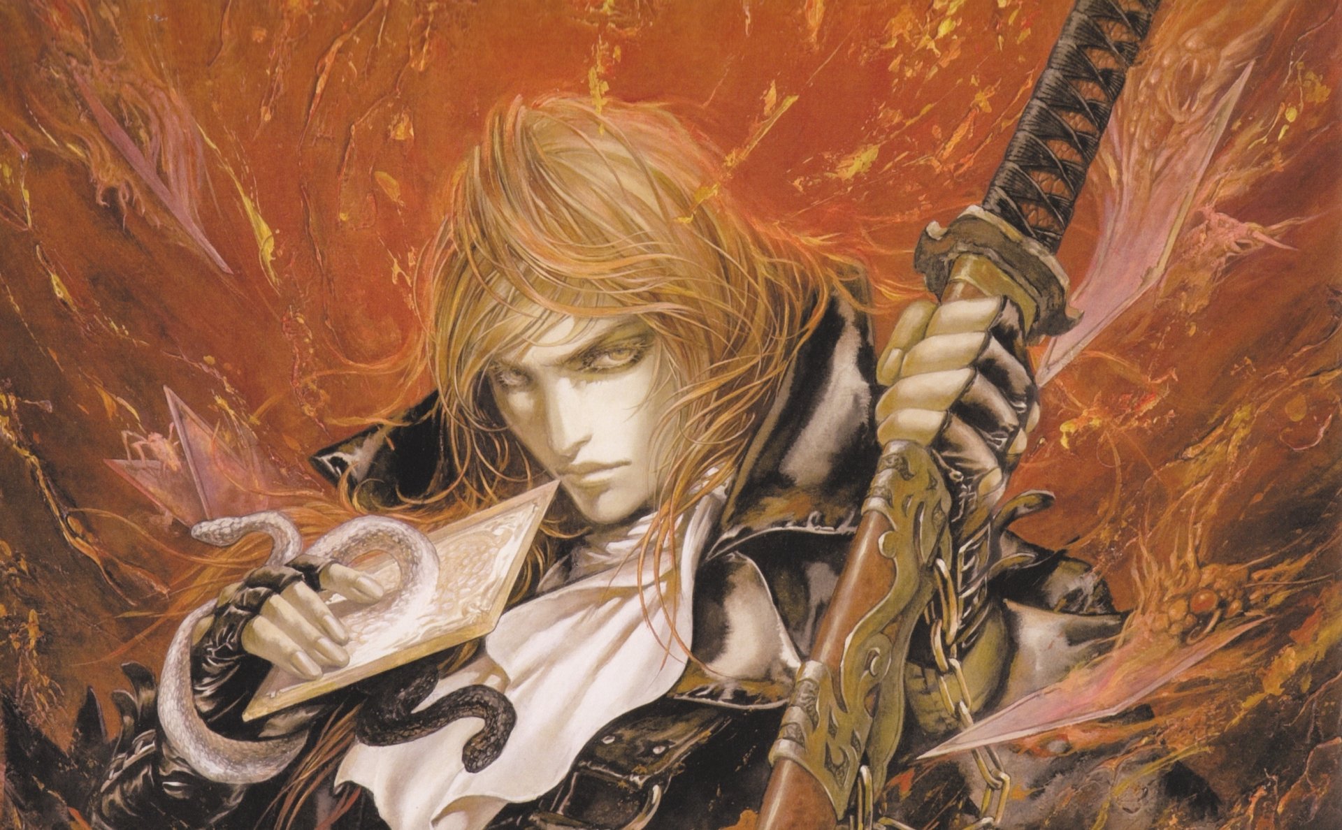 2K Quad HD PC desktop wallpaper of Alucard from Castlevania: stylized portrait of the pale, long-haired vampire holding a sword against a fiery amber background.