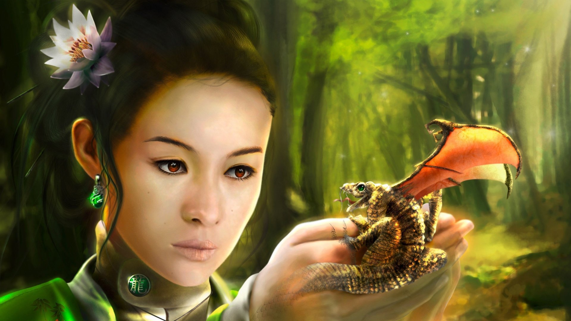 A fantasy-themed HD wallpaper featuring a woman gently holding a small creature with wings, set against a lush, green forest backdrop, evoking a sense of magic and wonder.