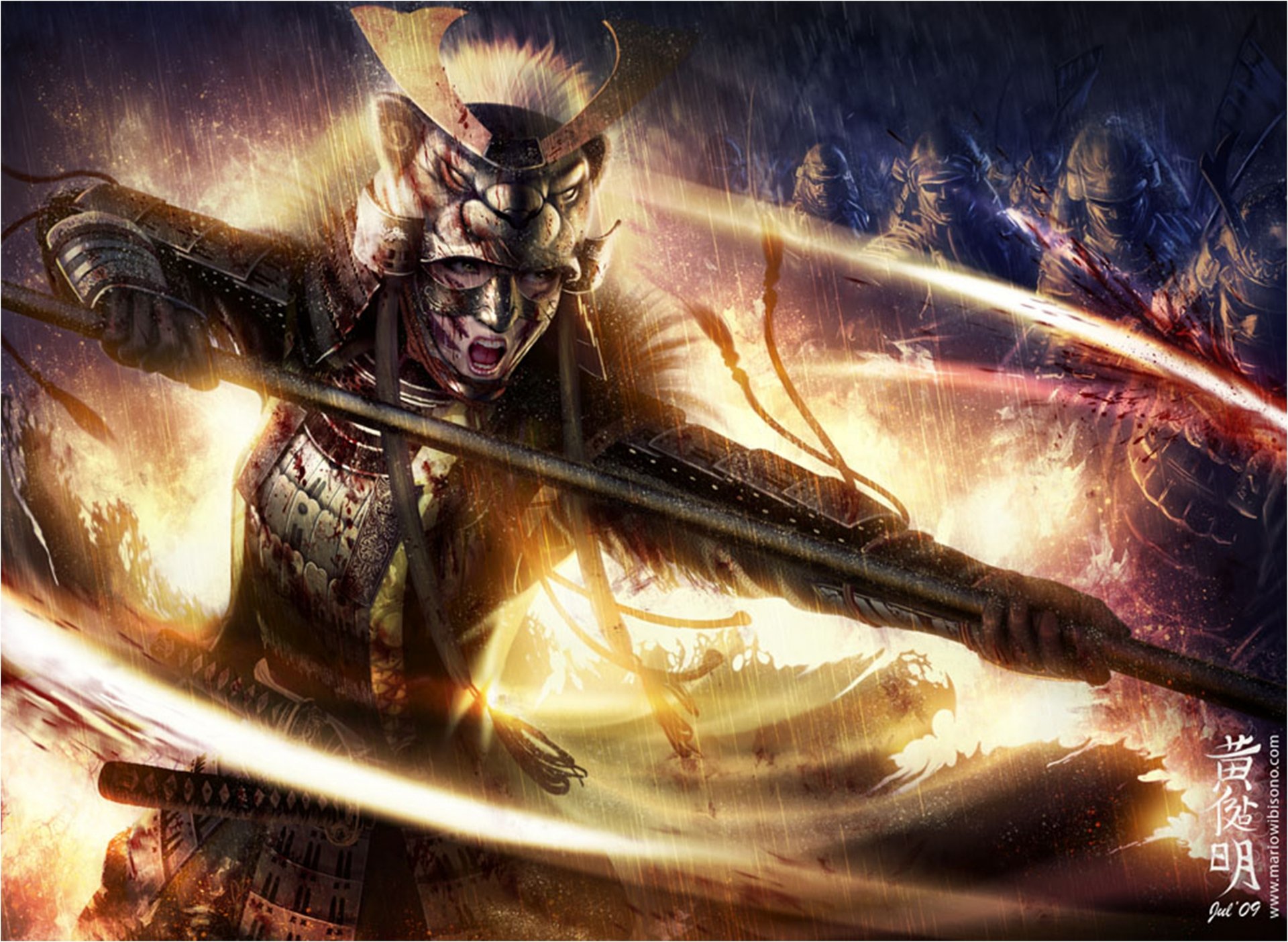 A fierce fantasy warrior in samurai armor battles amidst flames, embodying the spirit of Legend of the Five Rings. This HD wallpaper captures the intensity of epic fantasy battles.