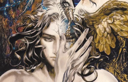 HD PC desktop wallpaper featuring a dark angel with flowing hair, intricate tattoos, and golden wings partially covering their face in a dramatic, mystical style.