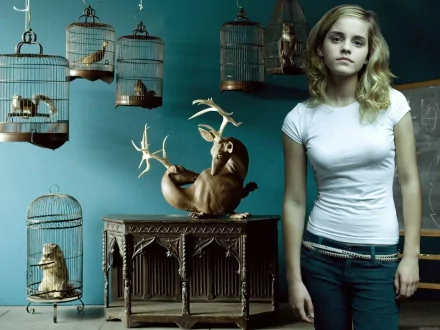 HD desktop wallpaper and background featuring celebrity Emma Watson standing beside a vintage cabinet adorned with a deer antler sculpture and surrounded by birdcages against a blue wall.