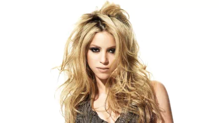 HD PC desktop wallpaper featuring a close-up of Shakira with tousled blonde hair against a white background, highlighting her music icon status.