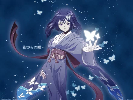 Aoi Sakuraba from the anime Ai Yori Aoshi is depicted in a flowing kimono, surrounded by glowing butterflies, against a starry night background in this HD PC desktop wallpaper.