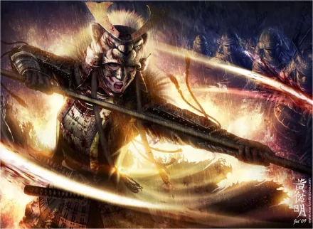 A fierce fantasy warrior in samurai armor battles amidst flames, embodying the spirit of Legend of the Five Rings. This HD wallpaper captures the intensity of epic fantasy battles.