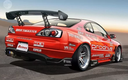 HD PC desktop wallpaper of a red sports car covered in racing decals, showcased from the rear on a smooth asphalt surface under a clear sky.