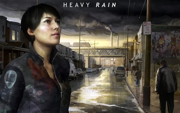 HD PC desktop wallpaper featuring a scene from the video game Heavy Rain, depicting a woman looking toward a rainy, industrial urban street under a stormy sky.