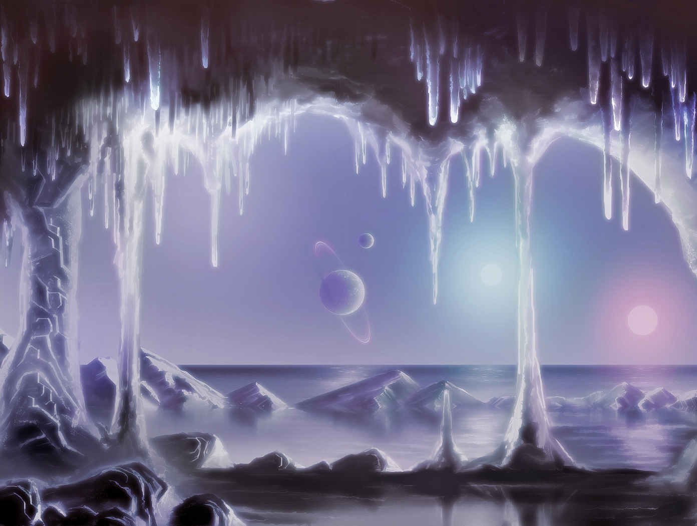 Winter planetscape overlooking a serene ocean.