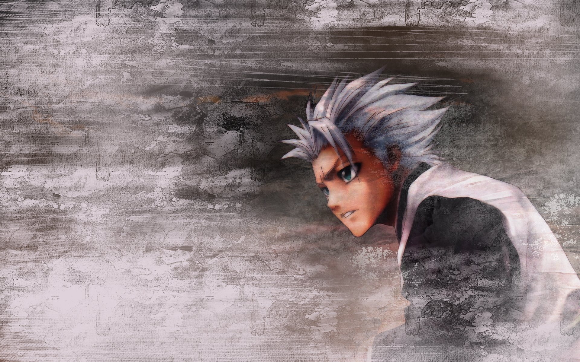 HD PC desktop wallpaper featuring Tōshirō Hitsugaya from the anime Bleach, depicted with a serious expression against a textured gray background.