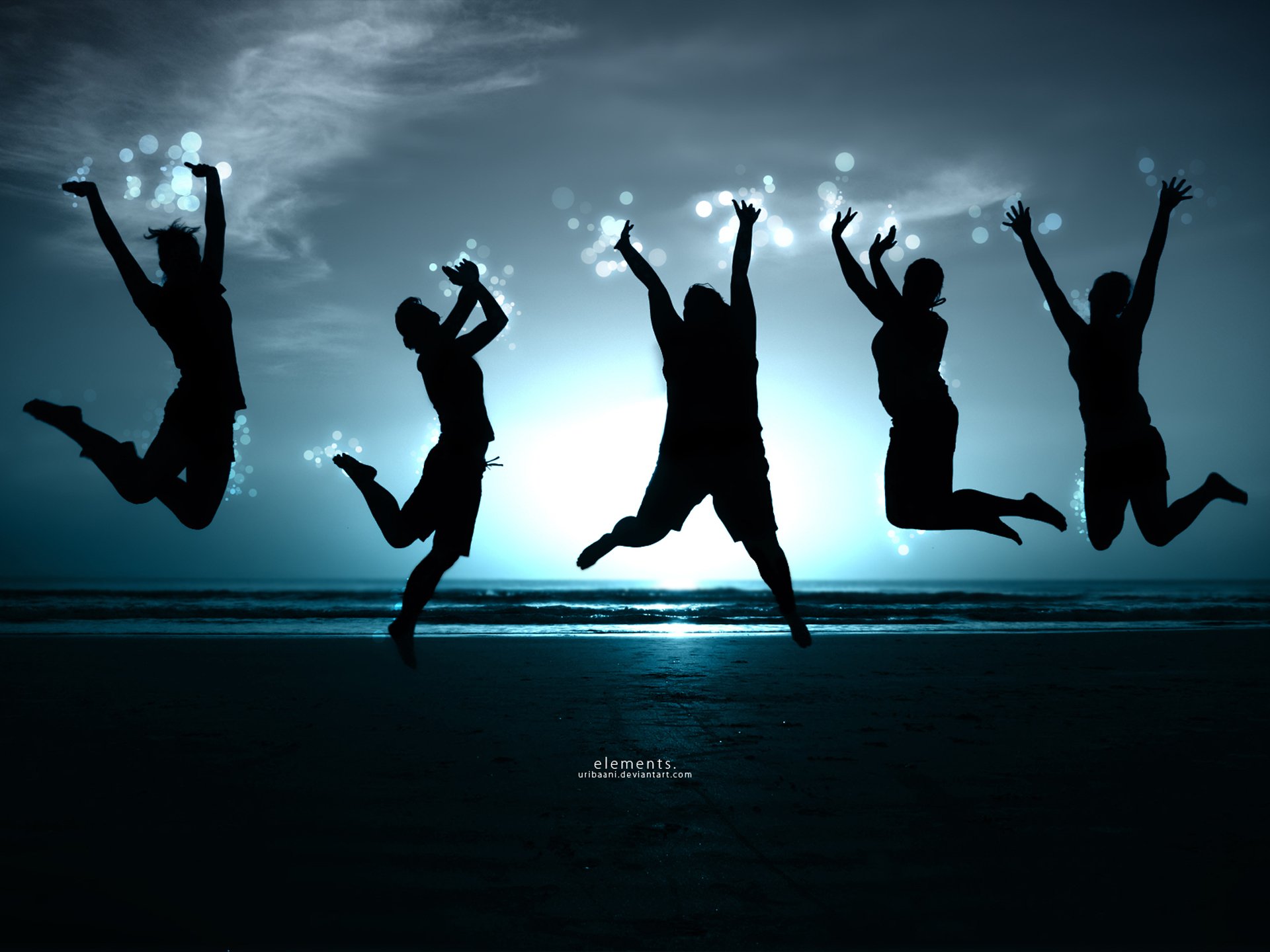 Silhouette photography of five human figures (people) leaping on a beach at sunset — HD PC desktop wallpaper and background with glowing hands and reflective water