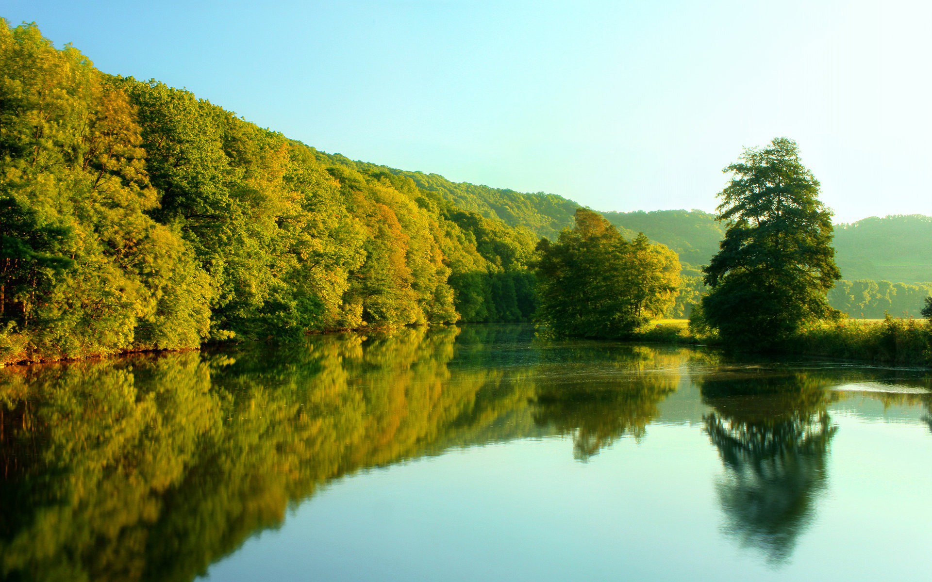 HD PC desktop wallpaper featuring a serene lake surrounded by lush green trees under a clear sky, capturing the tranquility of nature.