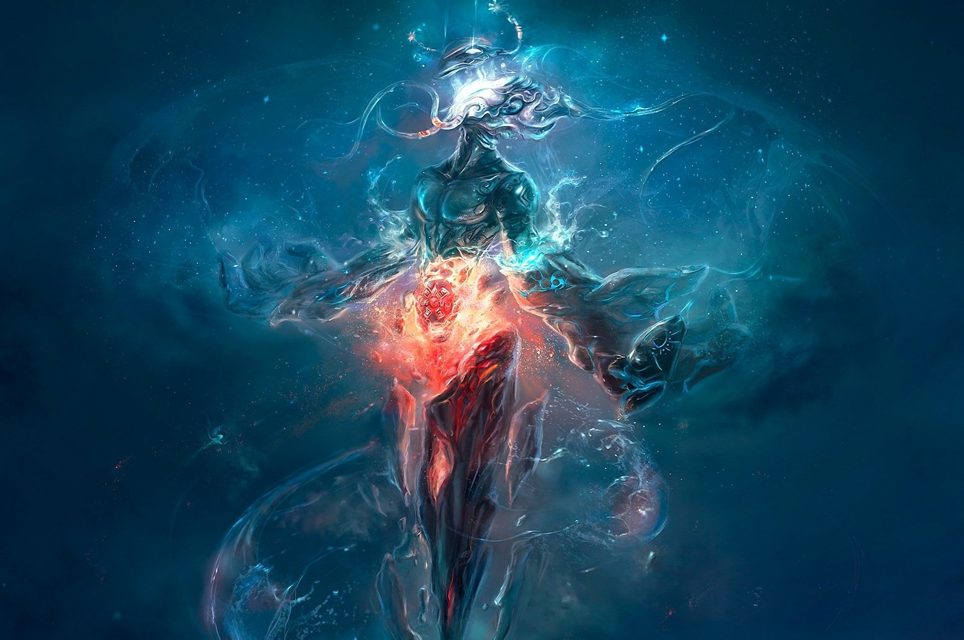 HD fantasy artwork of a glowing, ethereal figure surrounded by swirling light and energy, designed as a striking PC desktop wallpaper background.