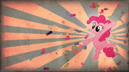 HD vector wallpaper of Pinkie Pie from My Little Pony: Friendship Is Magic, joyfully surrounded by colorful confetti and a festive, radiant background.