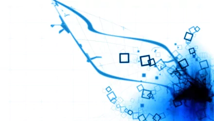 Square white HD PC desktop wallpaper with abstract blue ribbons and swirls, a deep blue burst and scattered translucent squares.