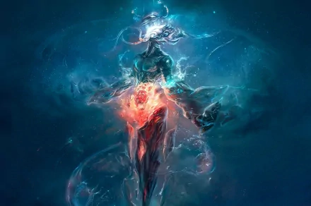 HD fantasy artwork of a glowing, ethereal figure surrounded by swirling light and energy, designed as a striking PC desktop wallpaper background.
