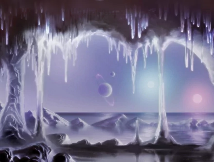 HD Sci-Fi desktop wallpaper depicting a frozen ocean cave with icicles, overlooking a winter planetscape with multiple planets against a starry sky.