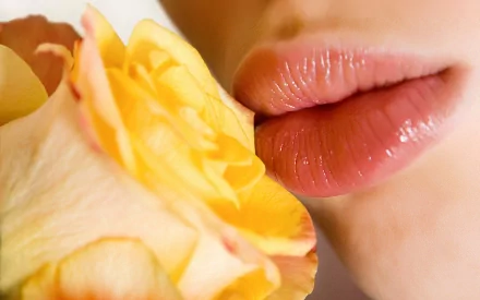 A close-up of a woman's lips gently touching a yellow rose, creating a beautiful and serene HD desktop wallpaper and background.