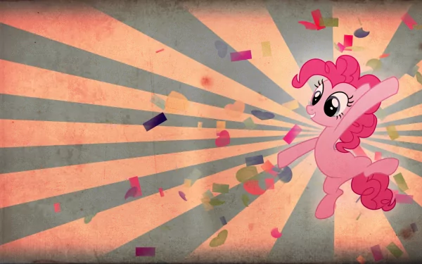 HD vector wallpaper of Pinkie Pie from My Little Pony: Friendship Is Magic, joyfully surrounded by colorful confetti and a festive, radiant background.