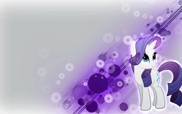 A vibrant HD wallpaper featuring Rarity from *My Little Pony: Friendship Is Magic*, set against a colorful abstract background with purple tones and geometric shapes.