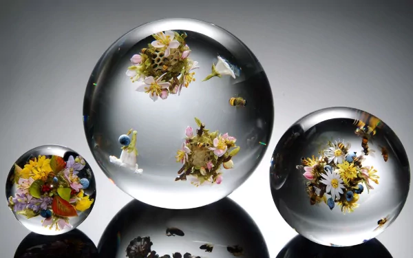 Artistic 3D art featuring floating, flower-filled glass spheres with intricate details, captured in HD quality as a striking PC desktop wallpaper and background.