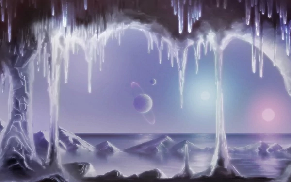 HD Sci-Fi desktop wallpaper depicting a frozen ocean cave with icicles, overlooking a winter planetscape with multiple planets against a starry sky.