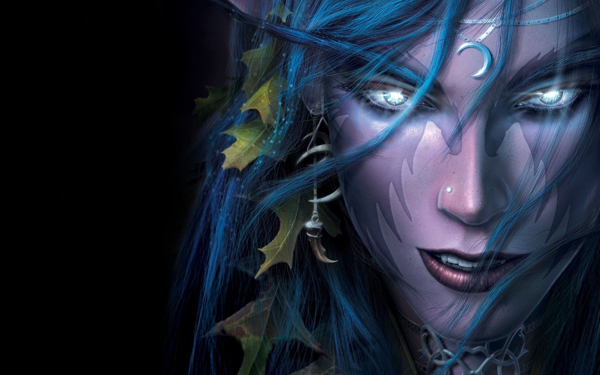 A striking HD wallpaper from World of Warcraft, featuring a mystical character with vibrant blue hair and enchanting, glowing eyes, set against a dark background.