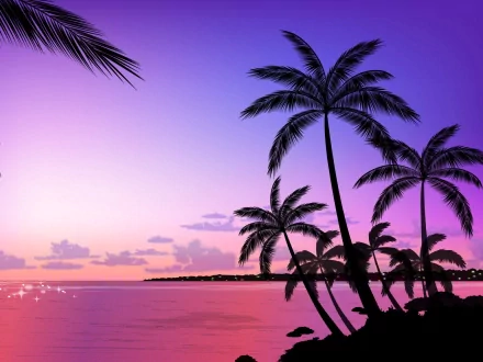 HD desktop wallpaper featuring a serene beach at sunset with the ocean in the background, adorned with silhouettes of palm trees against a vibrant purple and pink sky.