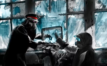 HD PC desktop wallpaper from the Romantically Apocalyptic comic, featuring two gas-masked figures exchanging a cigarette in a shattered, icy windowed room.
