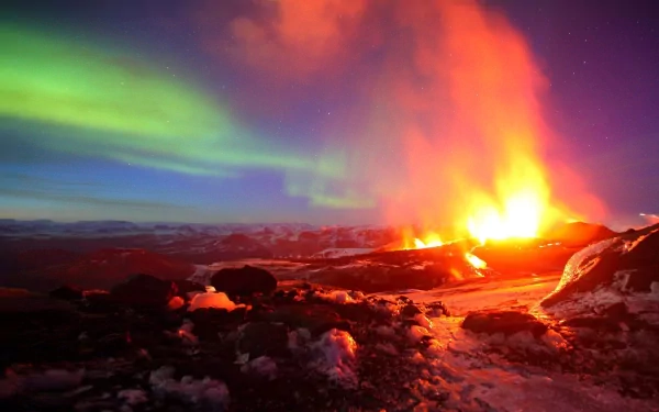 A striking HD image of a volcano erupting, surrounded by snow and illuminated by vibrant auroras in the night sky, capturing the raw beauty of nature.