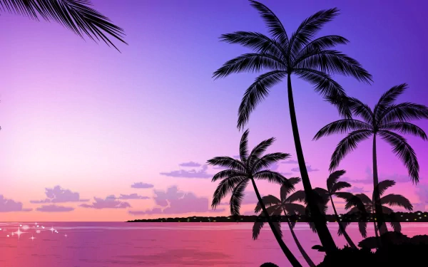 HD desktop wallpaper featuring a serene beach at sunset with the ocean in the background, adorned with silhouettes of palm trees against a vibrant purple and pink sky.