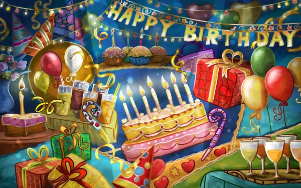 HD desktop wallpaper featuring a festive birthday scene with a cake, balloons, gifts, and Happy Birthday banners, providing a colorful and celebratory holiday background.