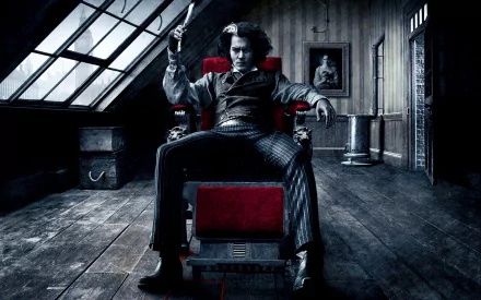 Johnny Depp as Sweeney Todd in a dark, atmospheric setting from Sweeney Todd: The Demon Barber of Fleet Street in Concert, showcasing his iconic character in a chilling pose.