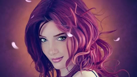 HD PC desktop wallpaper featuring a close-up portrait of celebrity Susan Coffey with flowing pinkish-purple hair and a soft, dreamy background.