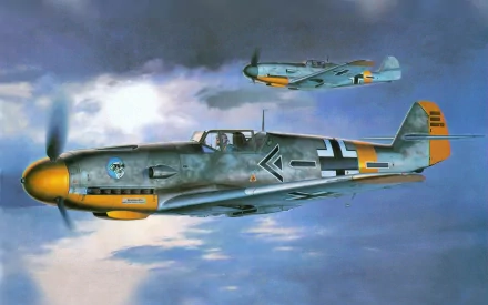 HD desktop wallpaper featuring two World War II-era German military aircraft flying through a cloudy sky.