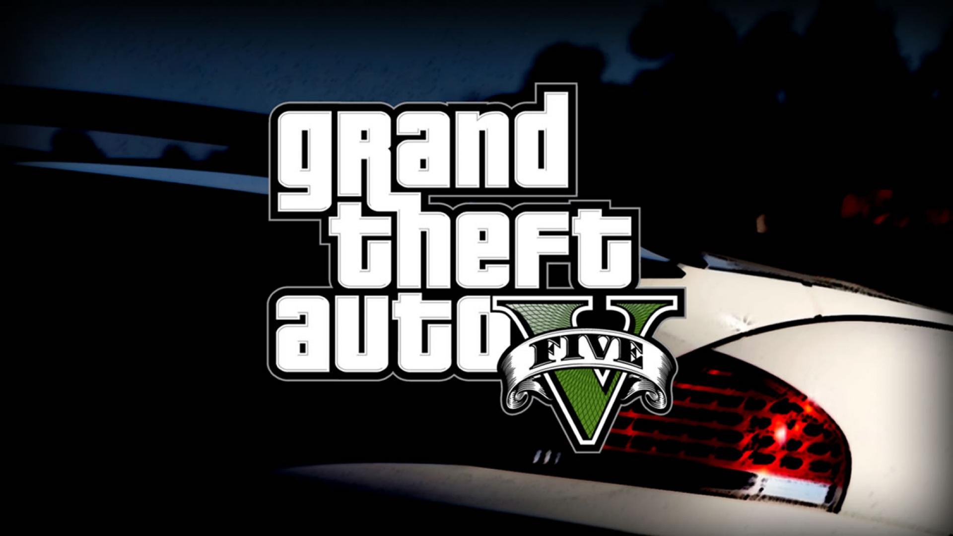 Crisp HD wallpaper featuring the logo of Grand Theft Auto V against a dark background, showcasing iconic elements of the popular video game.