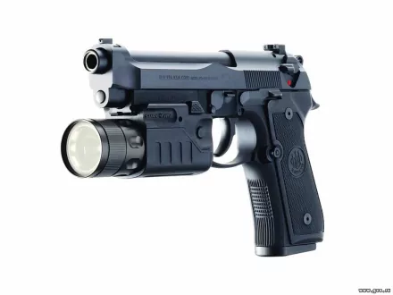 HD PC desktop wallpaper and background: close-up of a man-made Beretta handgun with an attached tactical flashlight on a white backdrop.